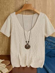 SHEIN 女士休闲纯色短袖针织上衣，春夏款 - 杏色 - 查看 6