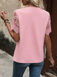 EMERY ROSE Solid Color Regular Shoulder Short Sleeve Lace Hollow Asymmetrical Shoulder Design Blouse Tea Party Soft Pink Summer Elegant - Baby Pink - View 2