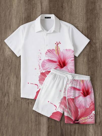 Manfinity Joysei Men's Fashionable Floral Print Shirt Set, Suitable For Summer Outings And Couple Dates