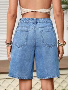 Breezaya Quần short denim nữ dáng rộng, thoải mái, thêu nơ, kiểu dáng thường ngày. - Rửa trung bình - Xem 2