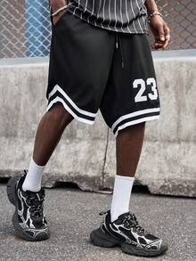 EVRINFINITE 男士数字印花抽绳腰部宽松休闲篮球短裤 - 黑色 - 查看 6