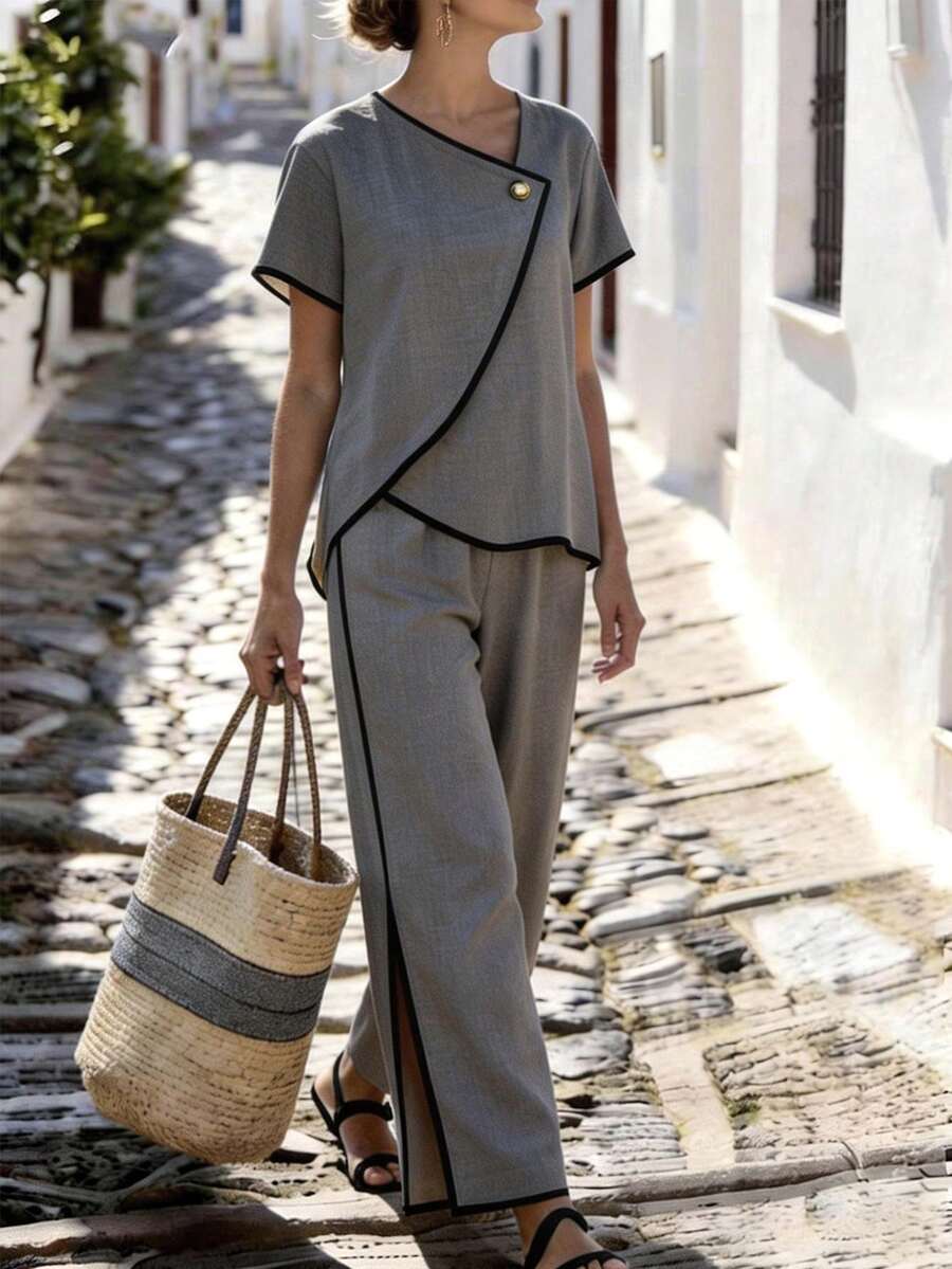 Breezaya 女士夏季休闲度假套装,杏色纹理面料,撞色滚边,不规则领口和下摆上衣,纽扣装饰,侧开衩阔腿长裤带口袋,适合通勤、日常穿着、冬季、春季、秋季、会议、商务谈判、日常办公、约会、都市教师工作服、圣诞新年装扮、休闲聚会、旅行等场合,干练、优雅、简约,四季皆宜。 - 灰色 - 查看 1