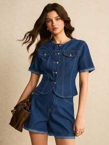 Poéselle Bộ áo và quần short denim nữ kiểu dáng thường ngày, thích hợp cho mùa hè. - Rửa trung bình - Xem 3