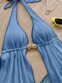 Soleia 性感V领金属装饰露背荷叶边红色纹理面料女士吊带背心，适合海滩度假、约会、下午茶、假期、音乐节、波西米亚风等场合。 - 淺藍色 - 查看 7