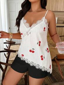 Weeklong Plus Size Women's Elegant Casual Vacation Sleeveless Top, Featuring Hollow-Out Lace Patchwork, Textured Cherry Fruit Print, And Asymmetric Hem, Suitable For Spring/Summer - Multicolor - View 5