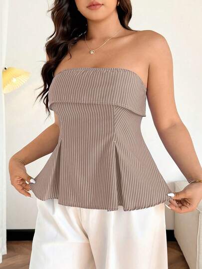 Easura Blusa elegante sin tirantes con volantes en el bajo para mujer talla grande, de tela a rayas azul marino, adecuada para uso diario, otoño/invierno