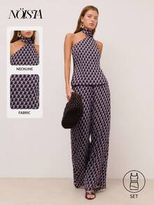 Nöista Geometrical Print Top And Pants Set, Colorful Print In Purple, Blue And Green Colors, Scarf Around The Neck And Asymmetrical Top Showing One Shoulder, Loose Pants, Wedding Guest Outfit. Summer Set, Spring Outfit Women, Easter, Festival, Wedding, Graduation, Bridesmaid Outfit, Prom Look, Ball Gown, Birthday. - Multicolor - View 4