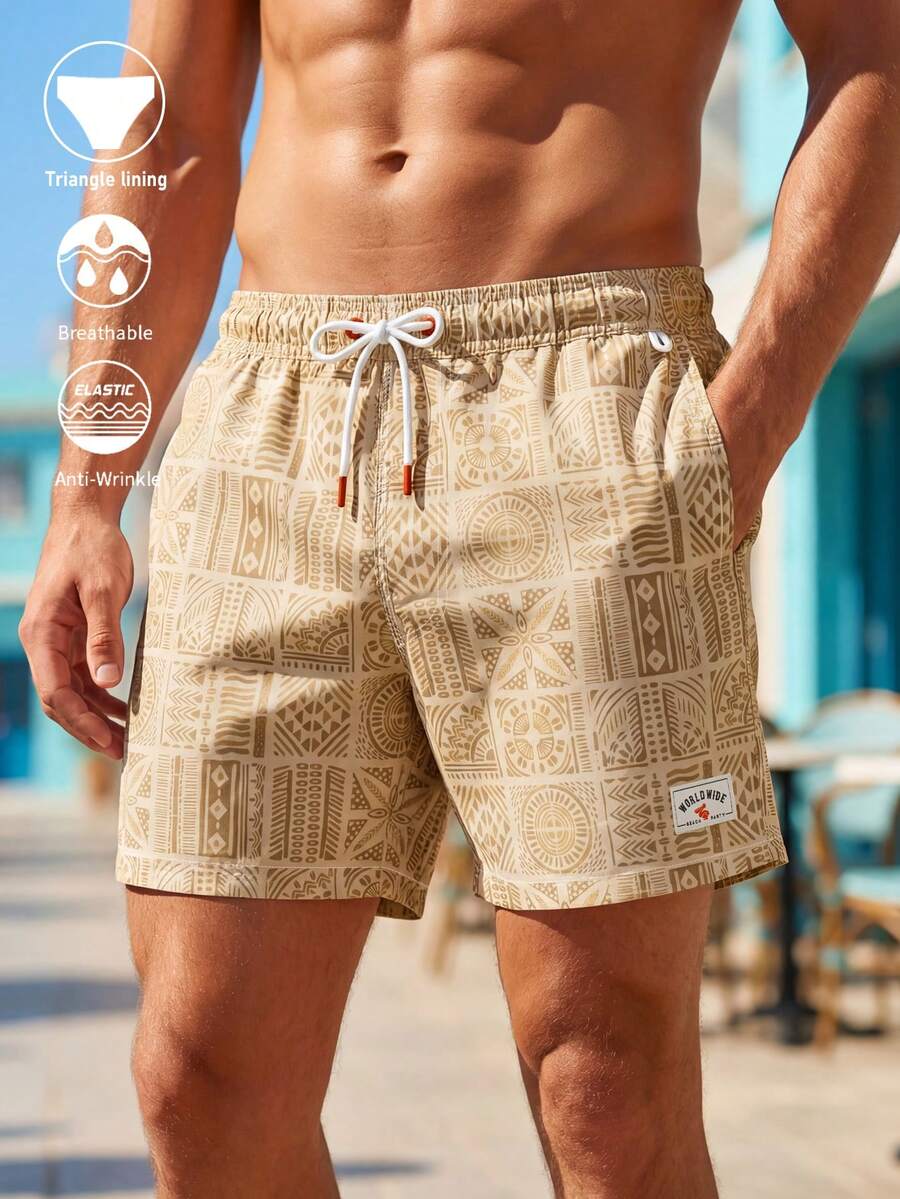 ZELFYO Men's All Over Print Slant Pocket Summer Beach Shorts - Khaki - View 1