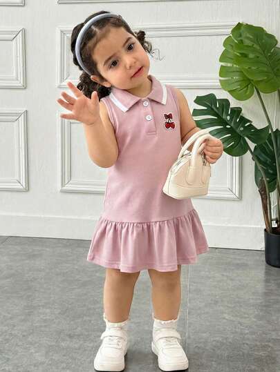 SHEIN Baby Girl Casual Home Combo Sweet Cute Rainbow Striped Button Open Collar Sleeveless Patchwork Ruffle Hem A-Line Dress T-Shirt Dress Polo Dress