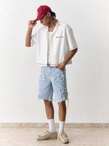 SWAVVY 男士休闲水洗做旧牛仔短裤，夏季 - 藍色 - 查看 6