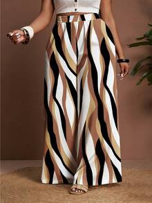 Veslaya Plus Size Women Elastic Waist Color Block Casual Loose Fit Wide Leg Pants, Versatile For Daily Wear Women Vacation Outfit Sets Wide Leg Pants Women High Waist Classy Coords Outfit For Women Palazzo Pants Women - Multicolor - View 6