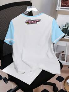THE POWERPUFF GIRLS X SHEIN Tween Girls' Round Neck Cartoon Letter Print Casual Versatile Daily Wear Short Sleeve T-Shirt - White - View 2