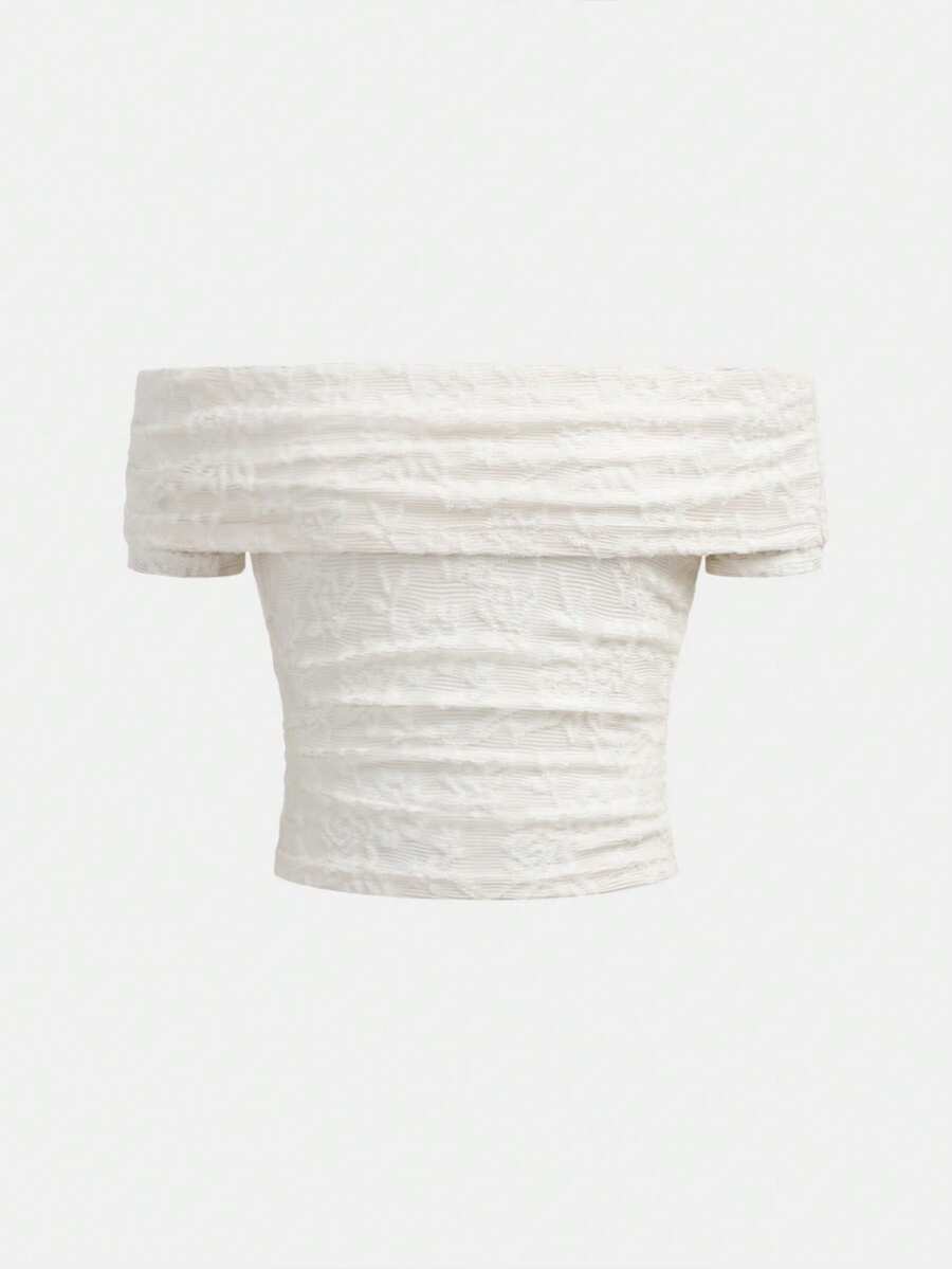 Girlism Blusas de punto con hombros descubiertos y ribete de encaje para niñas preadolescentes, camisetas ajustadas con volantes de encaje floral y hombros abiertos, elegantes y de moda para el verano casual en blanco - Albaricoque - Ver 1