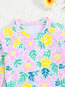 SHEIN Áo tắm Tankini cho bé gái, áo bikini không tay bằng vải dệt kim in hoa dễ thương, tay dài, chống nắng, thiết kế thời trang giản dị thanh lịch, thích hợp cho bơi lội, kỳ nghỉ hè, bãi biển, hồ bơi, tiệc tùng. - Màu Hồng baby - Xem 5