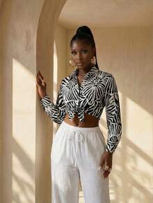 BamGlimmer Spring Valentine's Day New Year Holiday New Design Striped Shirt Collar Black & White Printed Blouse, Fashion Minimalist Casual Hip-Hop Style, Suitable For Daily Wear, Back To School, Party, Casual Afternoon Tea Gathering, Fashionable Women - Black and White - View 3