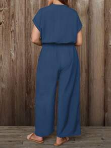 EMERY ROSE Plus-Size Women's Summer Dark Blue Jumpsuits Casual Vacation Holiday Fashion Outfit Sets Santorini Rompers Coords,Short Sleeve Zip Front Wide Leg - Blue - View 2