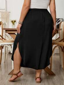 SHEIN CURVE+ Chân váy trơn màu trơn, cạp chun, gấu cong. - màu đen - Xem 2