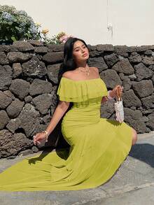 Sunnyshic Plus Size Off-Shoulder Ruffle Hem Elegant Asymmetrical Hem Mesh Flowy Vintage Cute Vacation Wedding Party Dress, Pink - Limelight Green - View 4