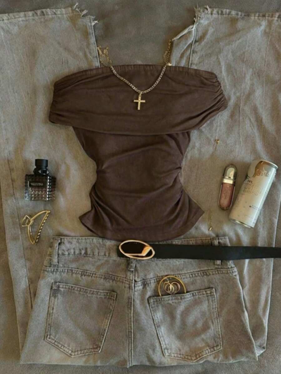 Glimmora Áo thun trễ vai gợi cảm mới, kiểu cổ điển khoe xương quai xanh, áo lót ôm sát dành cho nữ. - màu nâu - Xem 1