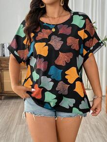 EMERY ROSE Plus Size Women Allover Print Round Neck Casual Versatile Daily Wear Shirt - Multicolor - View 1