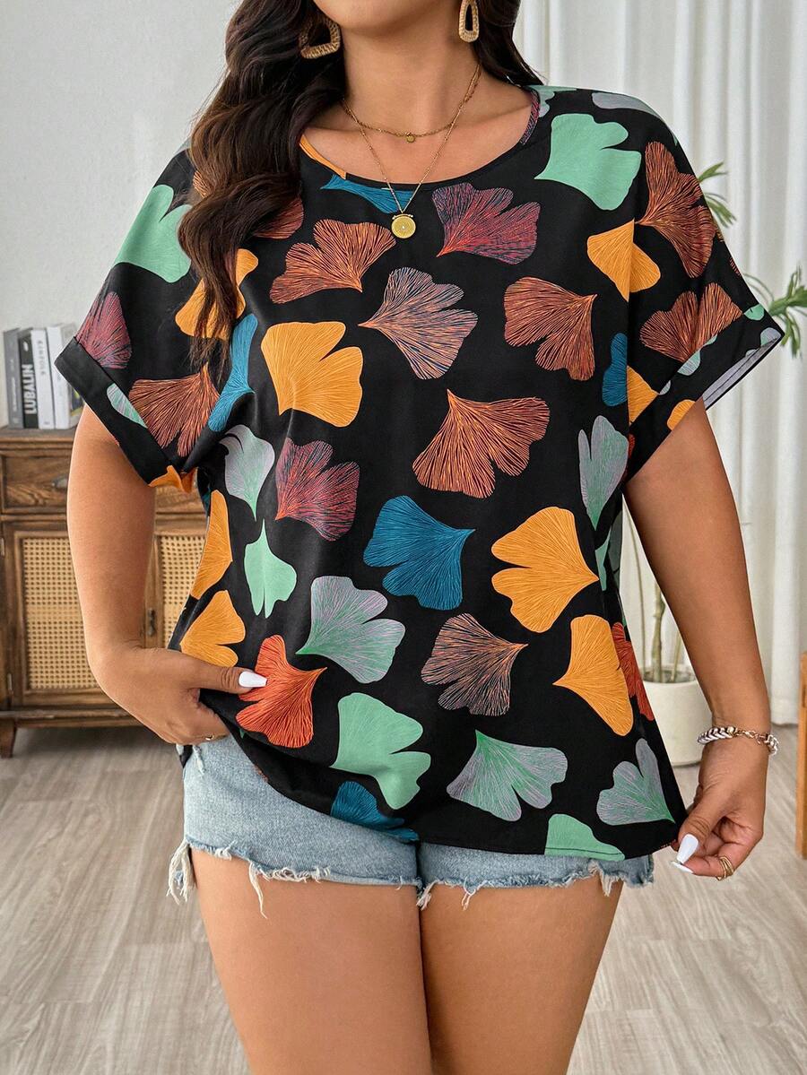EMERY ROSE Plus Size Women Allover Print Round Neck Casual Versatile Daily Wear Shirt - Multicolor - View 1