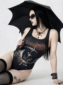 ROMWE Goth 女士优雅沙滩度假泳衣，适合春、夏、秋季穿着，时尚朋克风3D立体眼效果连体泳衣 - 黑色 - 查看 3