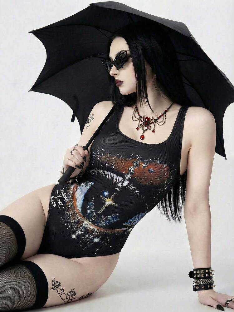 ROMWE Goth 女士优雅沙滩度假泳衣，适合春、夏、秋季穿着，时尚朋克风3D立体眼效果连体泳衣 - 黑色 - 查看 3