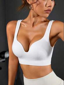 Velisys Velisys 2PCS Black And White Solid Color Thick Strap Wireless Seamless Sports Bra Pack,Summer Athleisure Gym Square Neck Built In Molded Cup Crop Tops - Multicolor - View 6