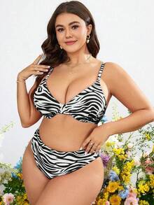 SHEIN Swim Curve Bộ bikini và quần tam giác in họa tiết da báo dành cho nữ cỡ lớn, thích hợp mặc đi biển mùa hè. - Đen và trắng - Xem 7