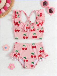 2pcs/Set Fashionable Leopard Print Digital Pattern Swimsuit, Toddler Kids Swimwear - Coffee Brown - View 3