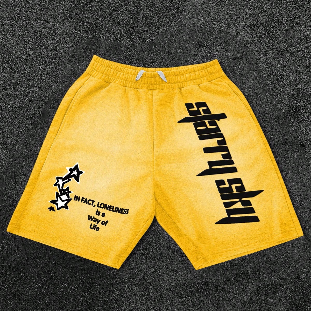 Pantalones cortos de punto con estampado de letras y estrellas, estilo casual de calle para hombres de talla grande, cintura elástica con cordón, bo