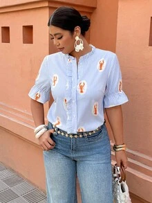 Breezaya Plus Size Women's Spring/Summer Striped Lobster Print Ruffle Collar Casual Vacation Shirt - Multicolor - View 1
