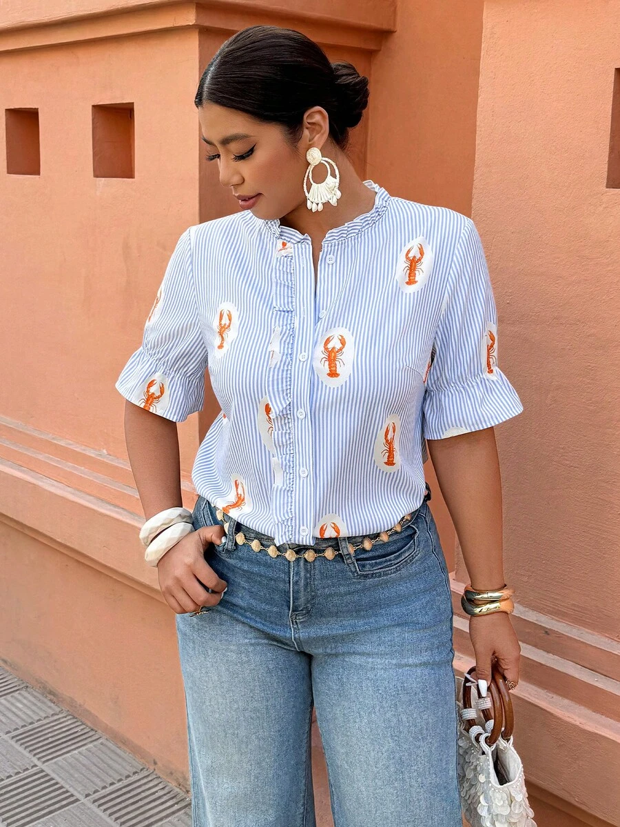 Breezaya Plus Size Women's Spring/Summer Striped Lobster Print Ruffle Collar Casual Vacation Shirt - Multicolor - View 1