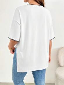 Shapeblank Áo thun cỡ lớn, cổ tròn, xẻ tà, phối màu tương phản - Nhiều màu - Xem 2