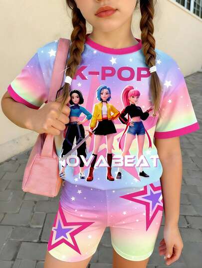 Bộ đồ thể thao cho bé gái tuổi teen, phong cách anime/K-POP, áo thun và quần short đạp xe in họa tiết tie-dye nhiều màu sắc, thích hợp cho các buổi đi chơi, tiệc tùng, lễ hội và mặc hàng ngày, mùa hè.