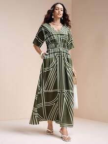 Chiquease Women Olive Green Satin Geometric Print V-Neck Maxi Dress,Summer Elegant Tea Party Bohemian Scarf Pattern Ruched Waist Batwing Sleeve Vacation Outfits - Green - View 5