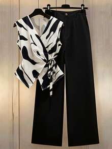 Franclia 女士春夏休闲两件套，宽条纹系带衬衫+纽扣装饰斜插口袋阔腿裤，经典黑白两件套，打造精致通勤造型。无袖黑白条纹上衣，配有可调节系带，V领交叉设计，搭配高腰阔腿裤，实用、简洁、简约、高级，适合通勤、日常穿着、夏季、派对、海滩、约会、毕业典礼、商务办公、都市教师工作服等场合。 - 彩色 - 查看 1