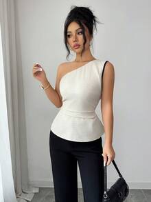 Rafferiza 女士优雅通勤撞色滚边单肩交叉肩带衬衫，夏季 - 杏色 - 查看 7