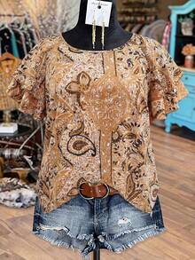 Linhara Áo kiểu nữ cỡ lớn họa tiết hoa điều tay bồng đôi - Nhiều màu - Xem 1