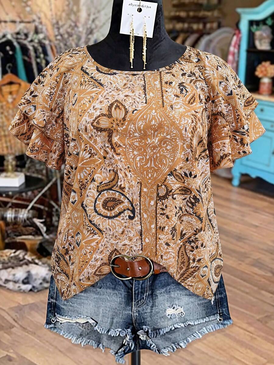 Linhara Áo kiểu nữ cỡ lớn họa tiết hoa điều tay bồng đôi - Nhiều màu - Xem 1