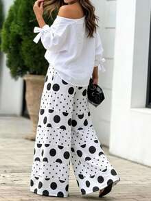 Balvessa Quần ống rộng chấm bi phối màu dành cho nữ đi nghỉ mát - trắng - Xem 2