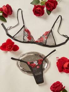 Spicy Aura Conjunto de lencería con bordado floral de malla - Negro - Ver 3