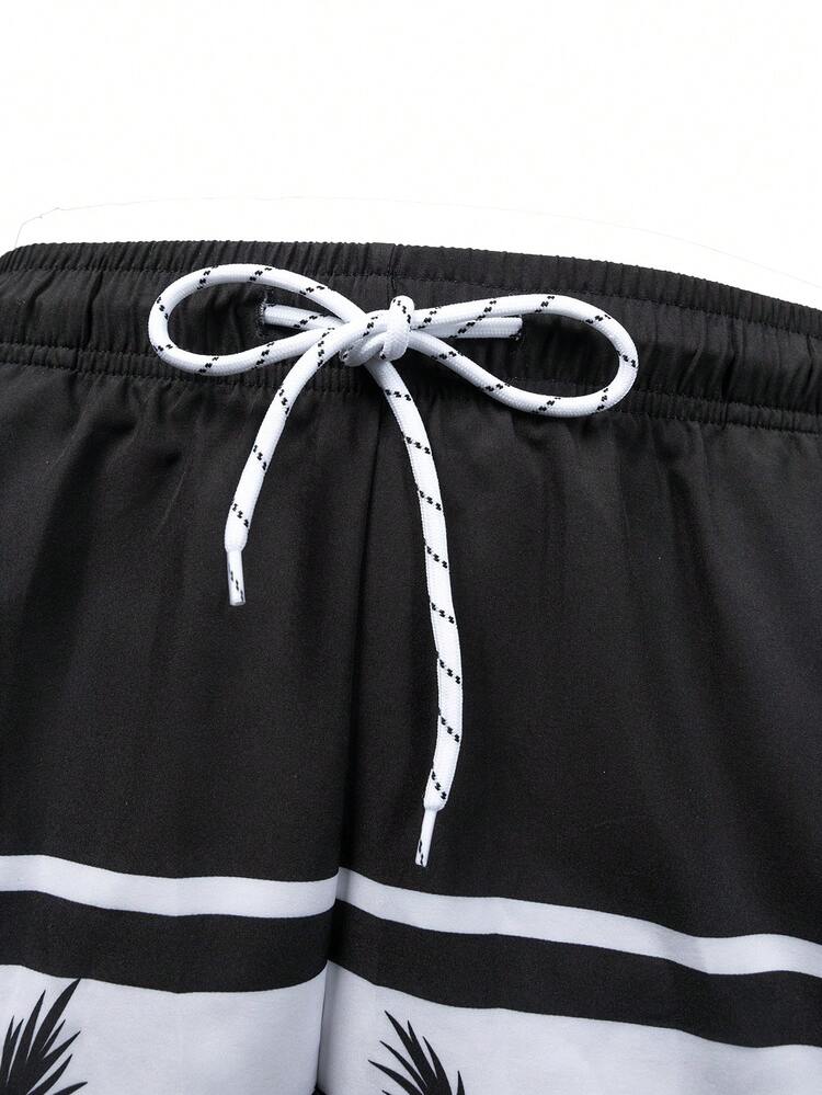 Manfinity KASUA 男士休闲撞色棕榈树印花沙滩短裤 - 黑與白 - 查看 4