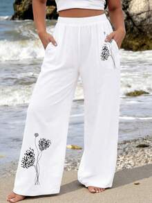EMERY ROSE Plus Size Printed Comfortable Linen Straight Leg Pants, Slimming With Pockets - White - View 1