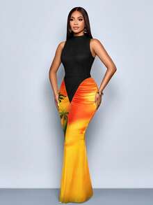 SOLERSUN Đầm maxi ôm sát gợi cảm và thanh lịch, thích hợp cho đi làm, dự tiệc, đi biển, hẹn hò, mùa xuân/hè, phong cách nhiệt đới, họa tiết hoa chuyển màu, kiểu cổ điển. - Màu vàng - Xem 5