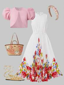 SHEIN Bộ đồ 2 món dành cho bé gái tuổi teen, váy dệt không tay cổ bèo nhún xếp ly với họa tiết bướm và hoa nhiều màu sắc, kết hợp với áo khoác cardigan ngắn màu trơn, thích hợp cho các dịp thường nhật, du lịch, dự tiệc vào mùa xuân/hè. - Nhiều màu - Xem 4