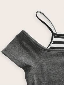 Attitoon Áo thun ngắn tay kẻ sọc tương phản họa tiết đầu mèo phong cách retro, thích hợp cho mùa xuân và mùa hè, chất liệu cotton pha. - Nhiều màu - Xem 7