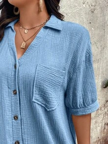 Breezaya Plus Size Button Up Pocket Solid Color Dress - Baby Blue - View 6