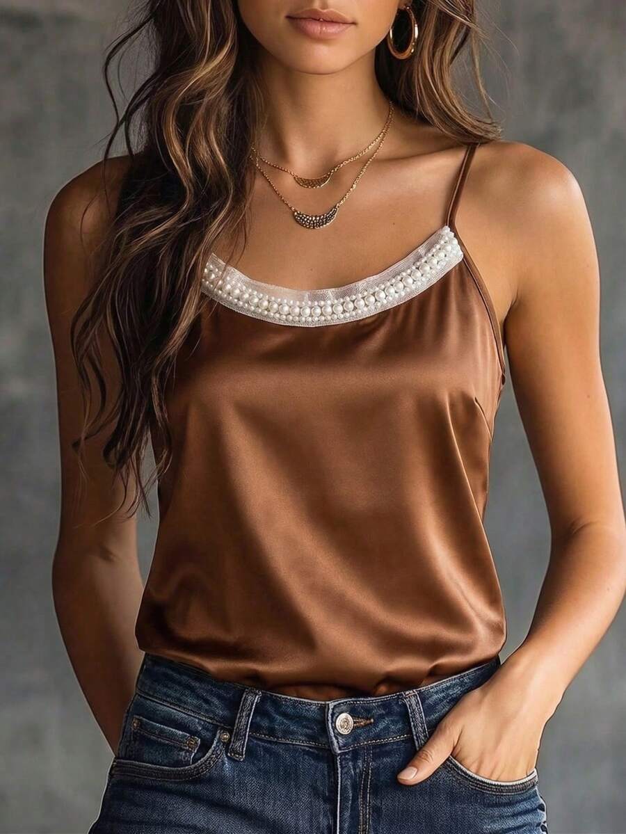 Franclia Women's Plain Brown Cami Top With Spaghetti Straps And Pearl Decorated Neckline For A Casual Look - Brown - View 1