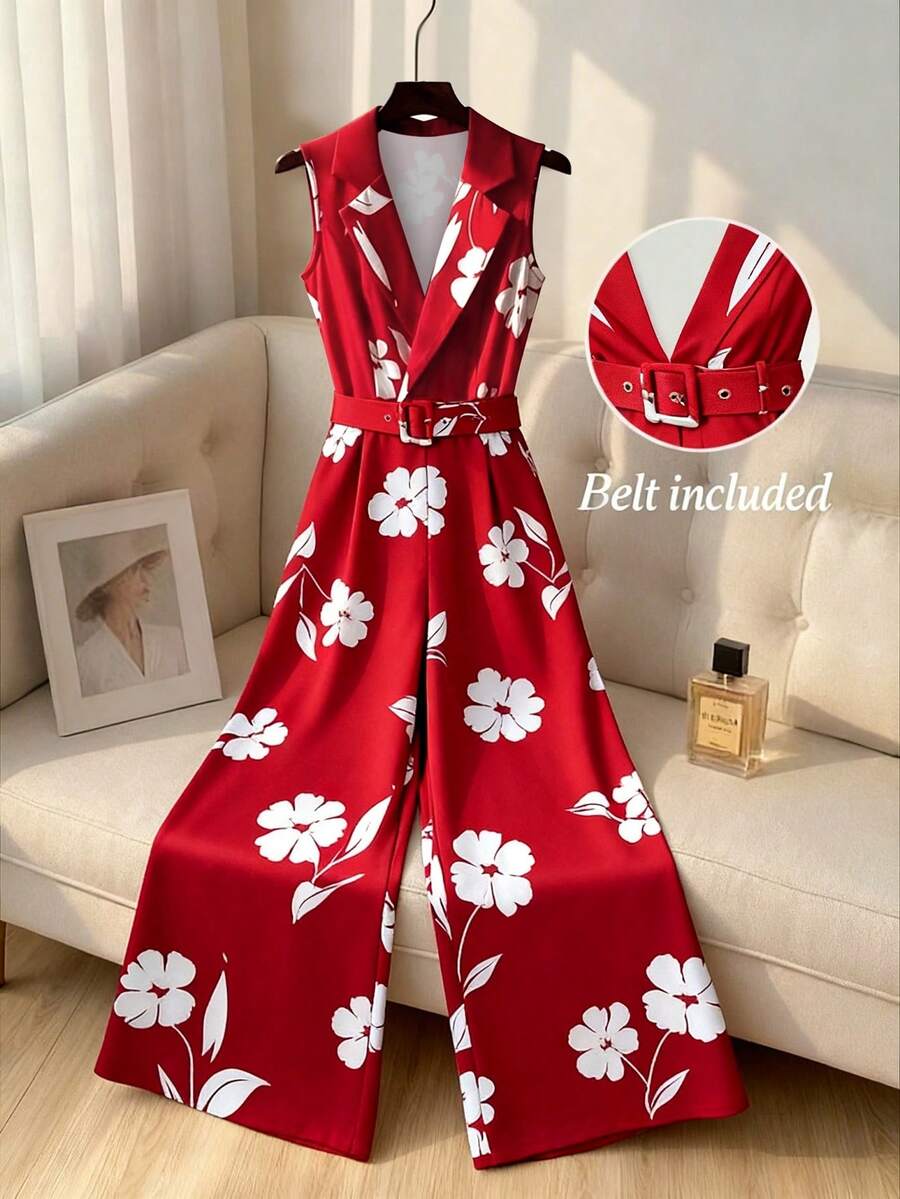 Elenzga Plus Size Women Floral Print Lapel NeckWide Leg Sleeveless Elegant Jumpsuit - Multicolor - View 1